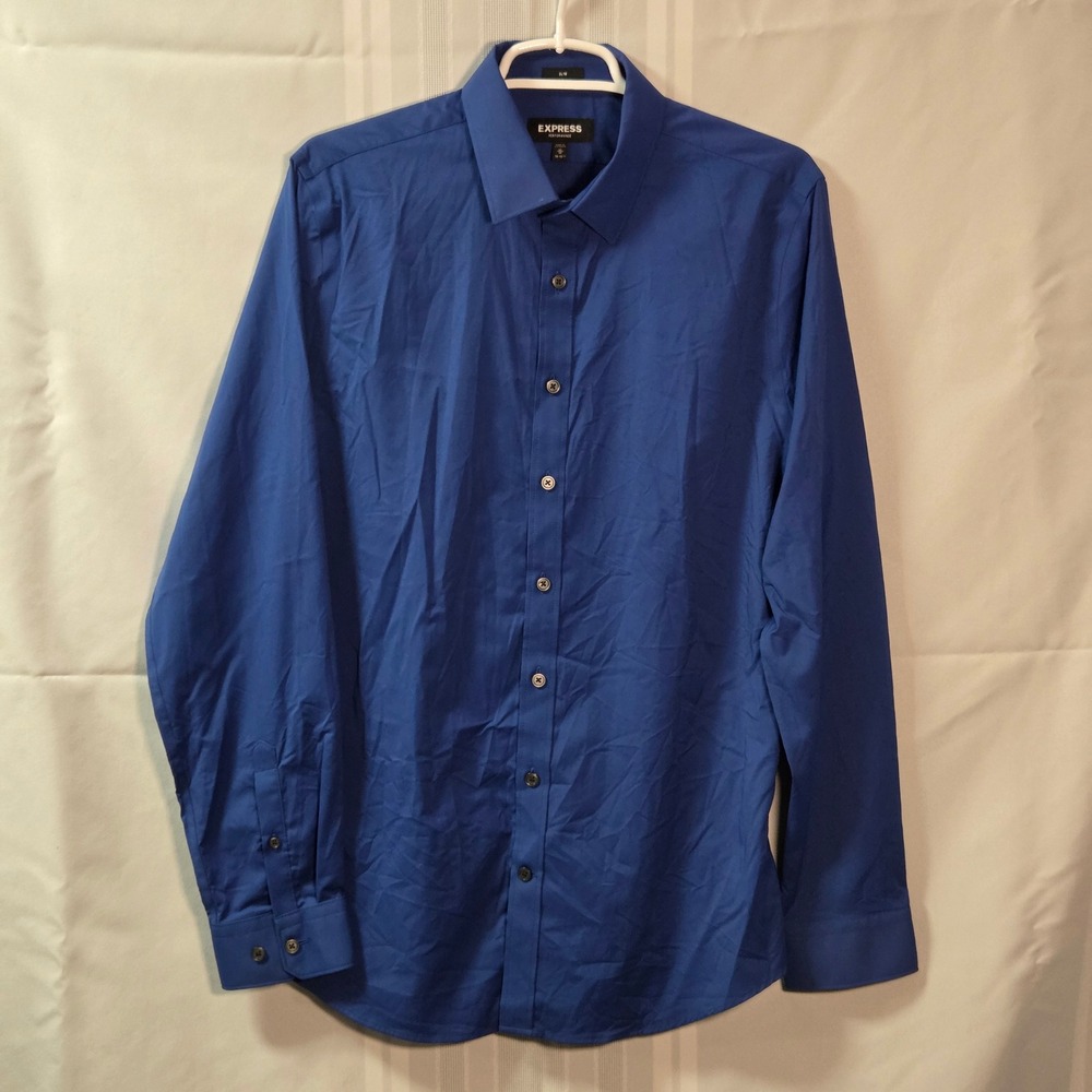 Express Dress Shirt Mens M Blue Performance Slim Fit Stretch Moisture Wicking
